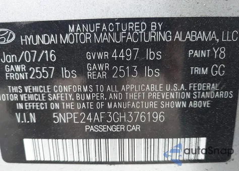 2016 Hyundai Sonata Se from USA, damaged, VIN 5NPE24AF3GH376196